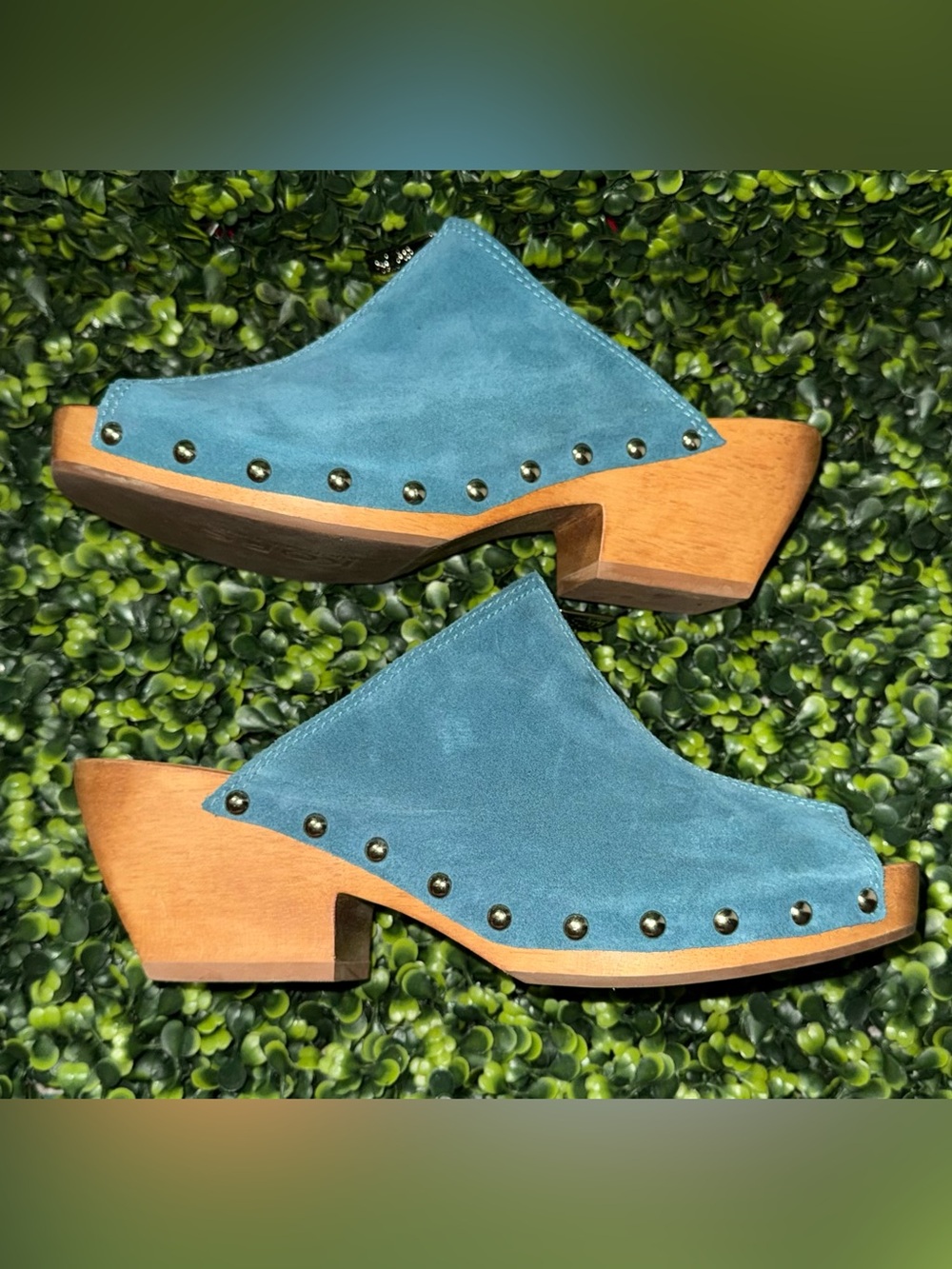 Michael Kors Teal Suede Open-Toe Zip Wedge Mule Clogs - Picture 3 of 7